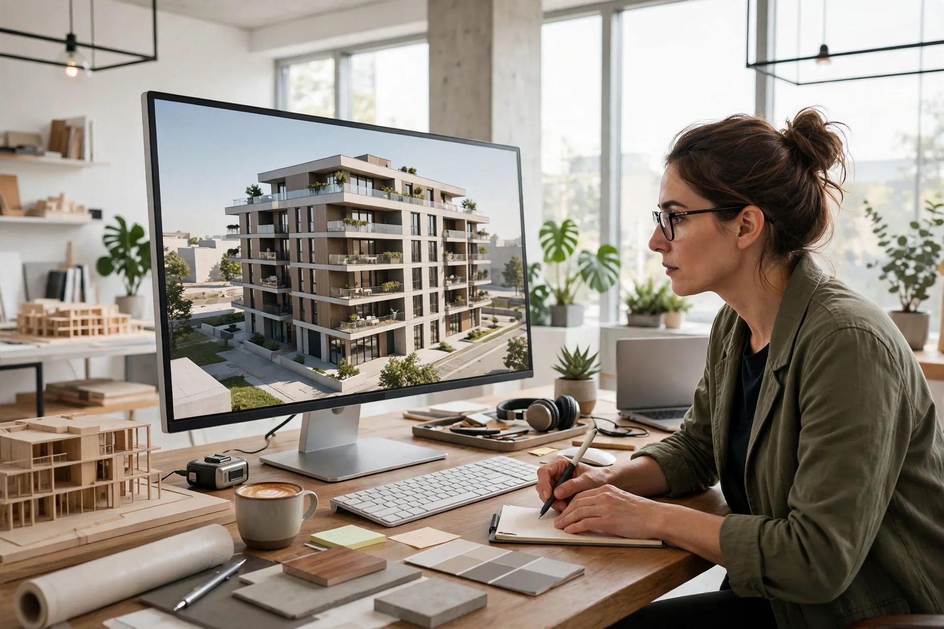 Visualization artist reviewing a 3D building model on a large studio screen