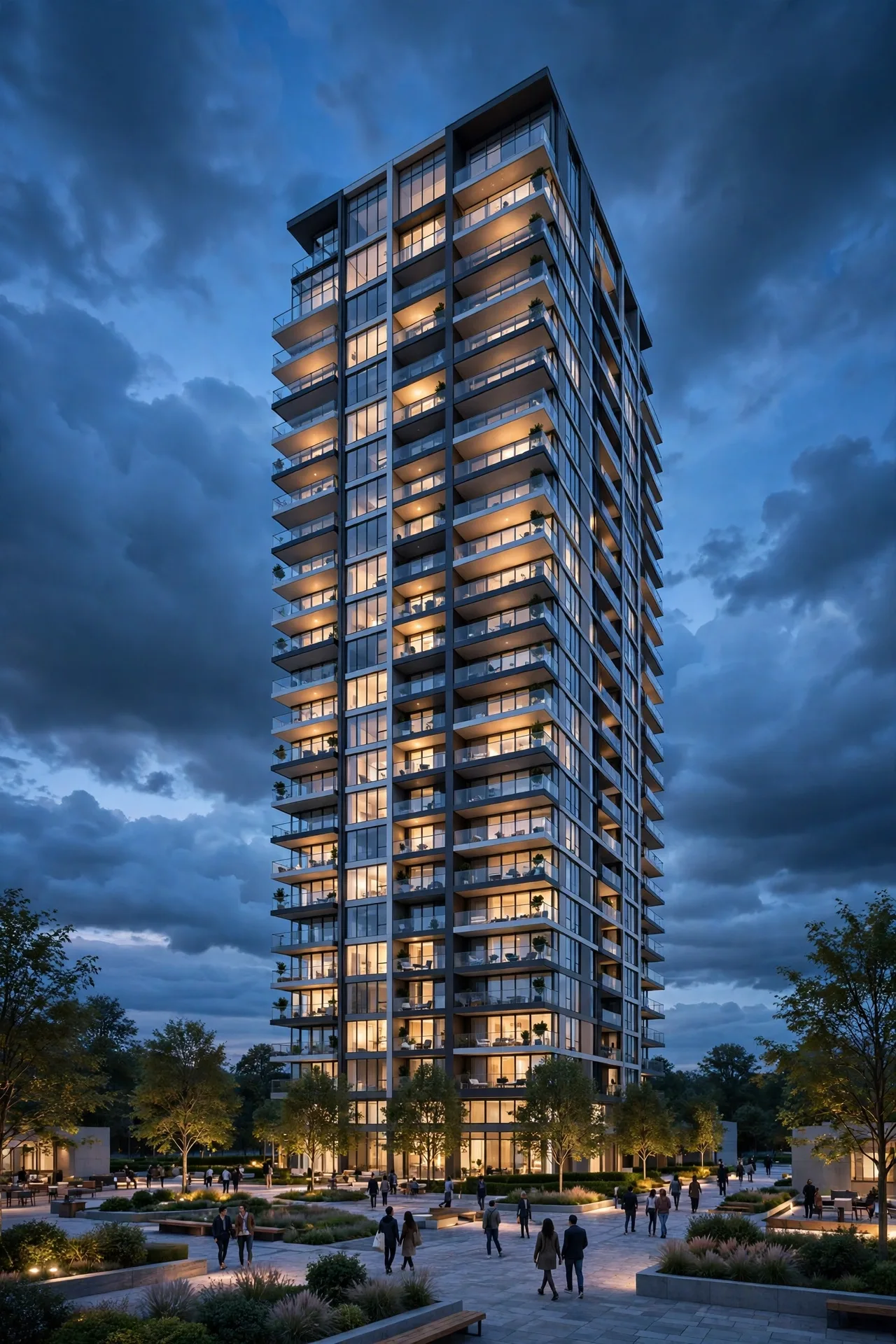 Contemporary residential tower at blue hour visualised in Unreal Engine