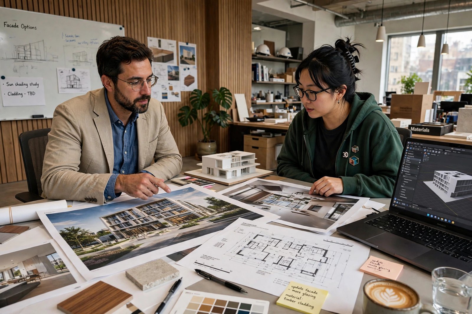 Architect and 3D artist reviewing architectural render drafts together on a large screen during a feedback session