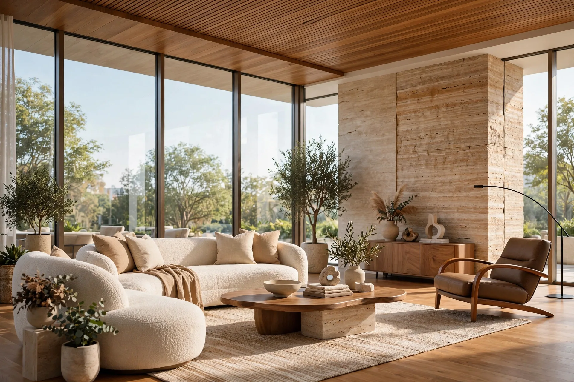 Photorealistic luxury living room interior render with floor to ceiling windows