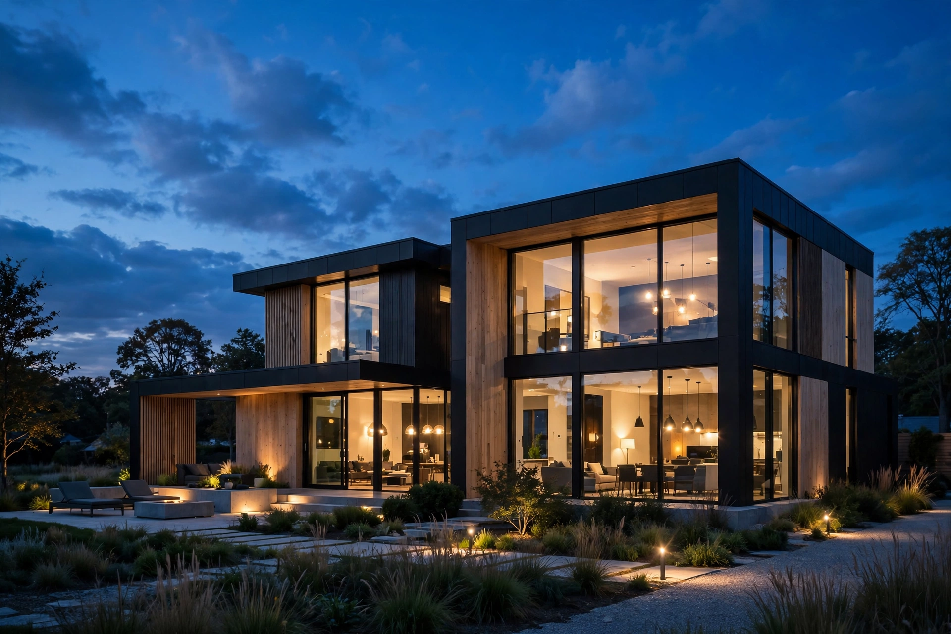 Modern house exterior render at dusk with deep blue twilight sky and warm glowing windows