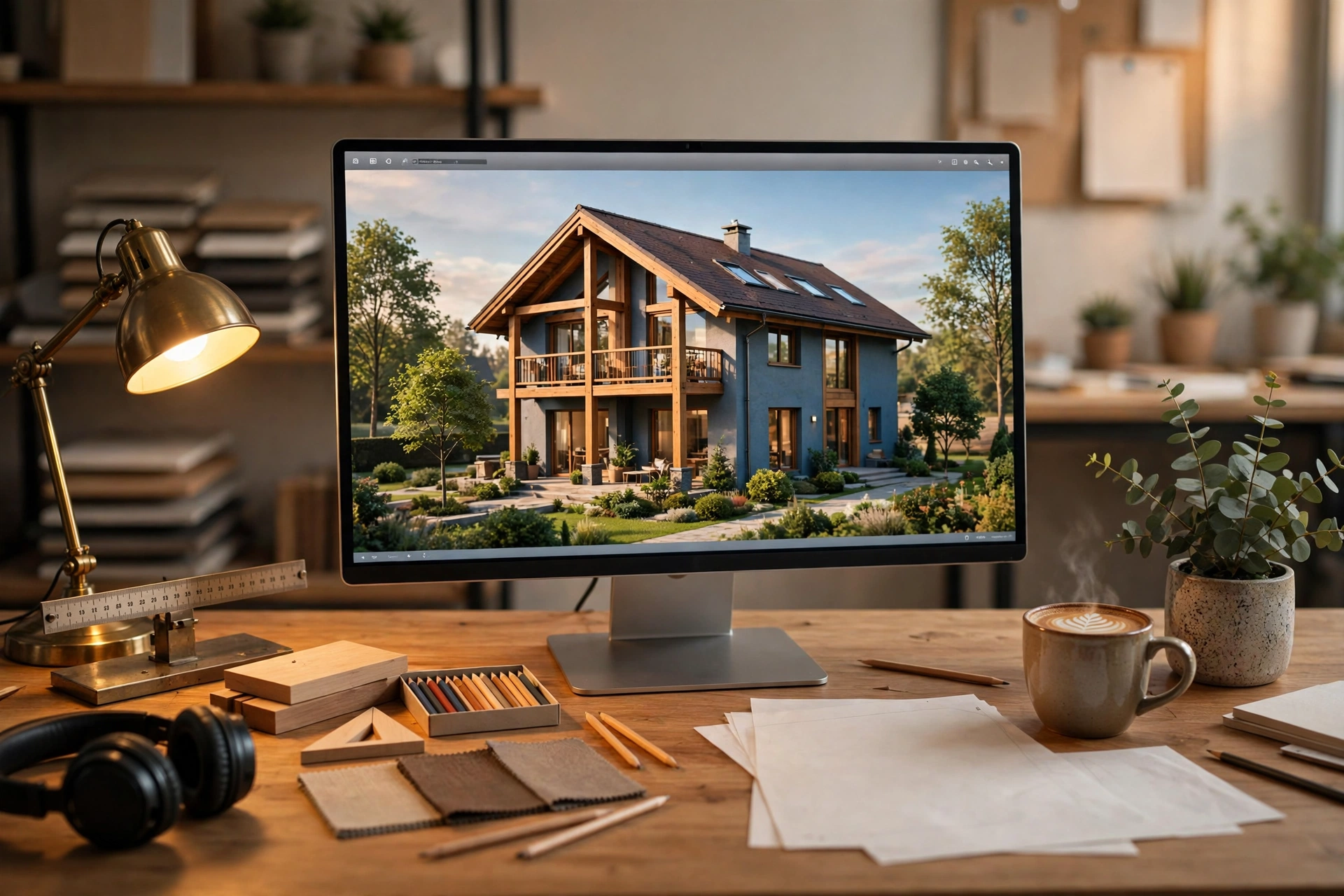 Architect workstation with monitor showing a 3D architectural house model render preview
