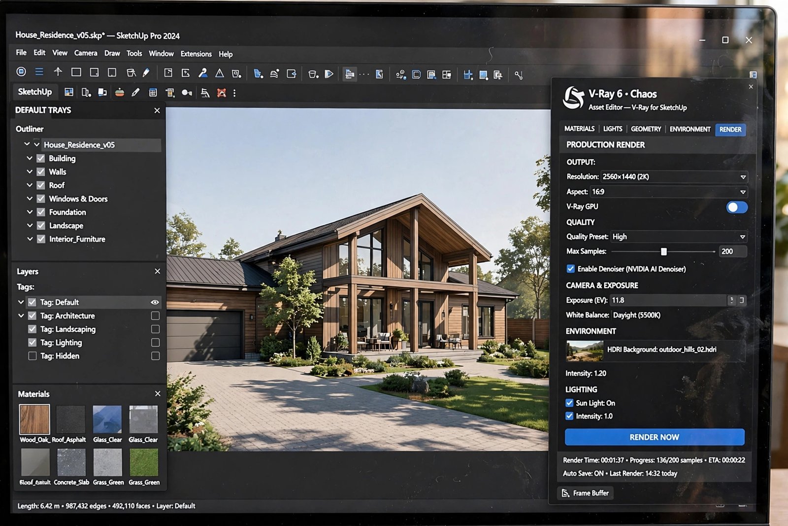 3D artist applying realistic wood and concrete PBR materials to a SketchUp architectural model in rendering software
