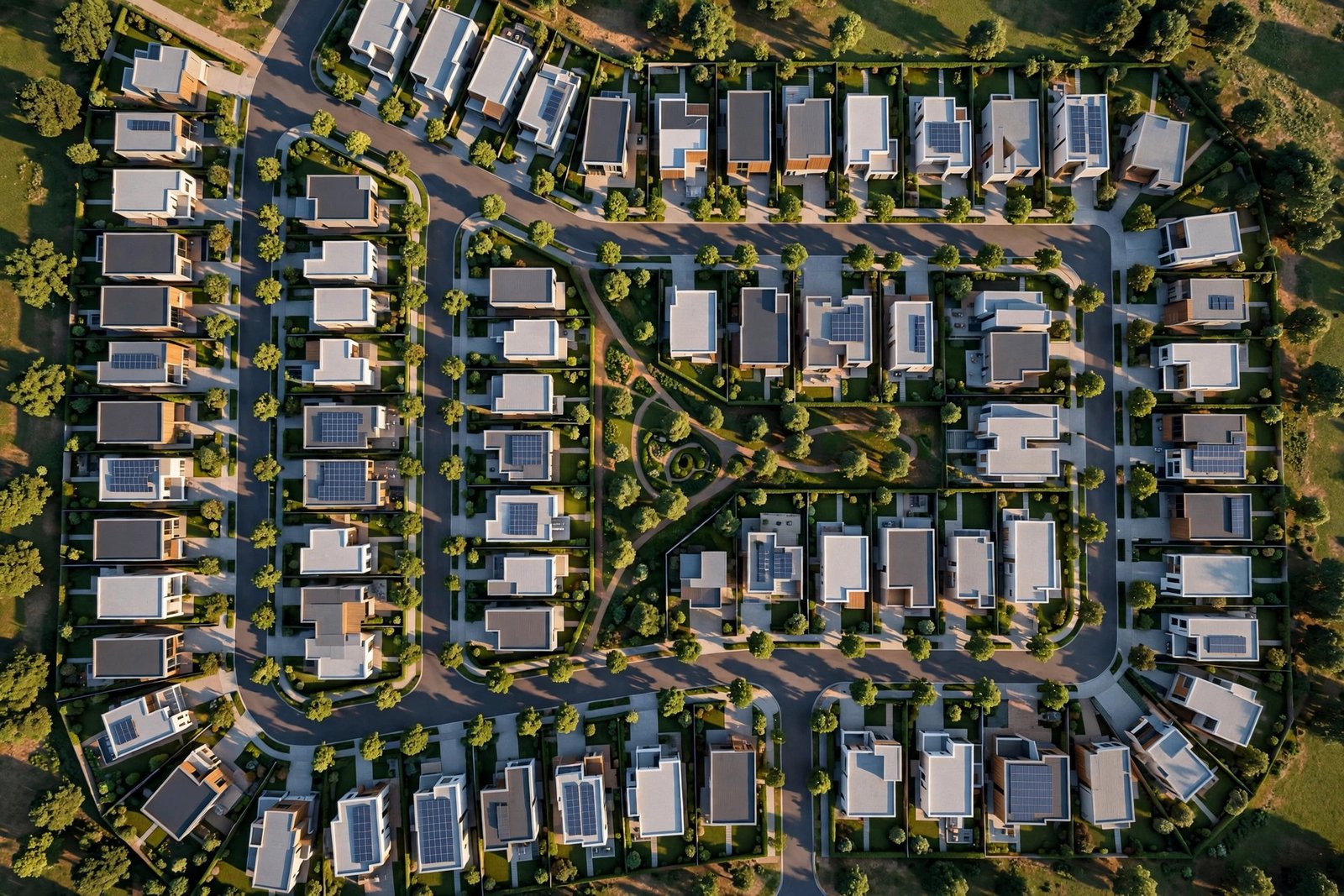 Aerial 3D render of a modern residential development