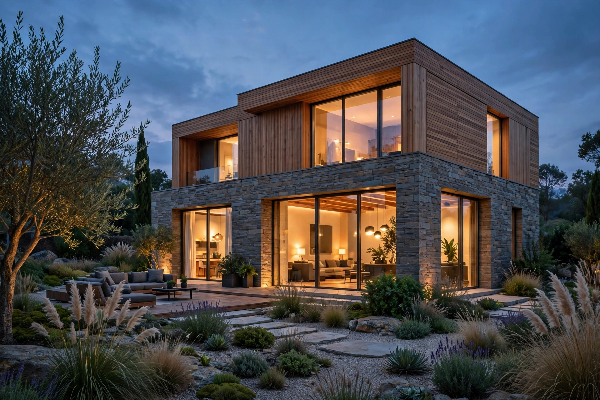 Photorealistic house exterior render at dusk with warm lights glowing through glass windows