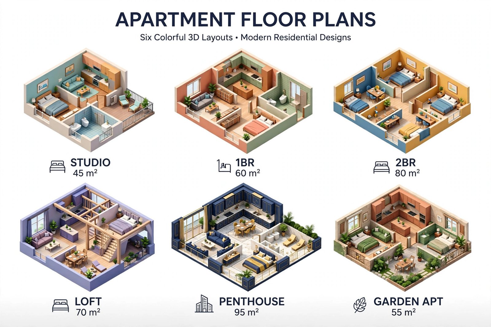 Set of colorful 3D floor plans for different apartment unit types arranged in a grid presentation layout
