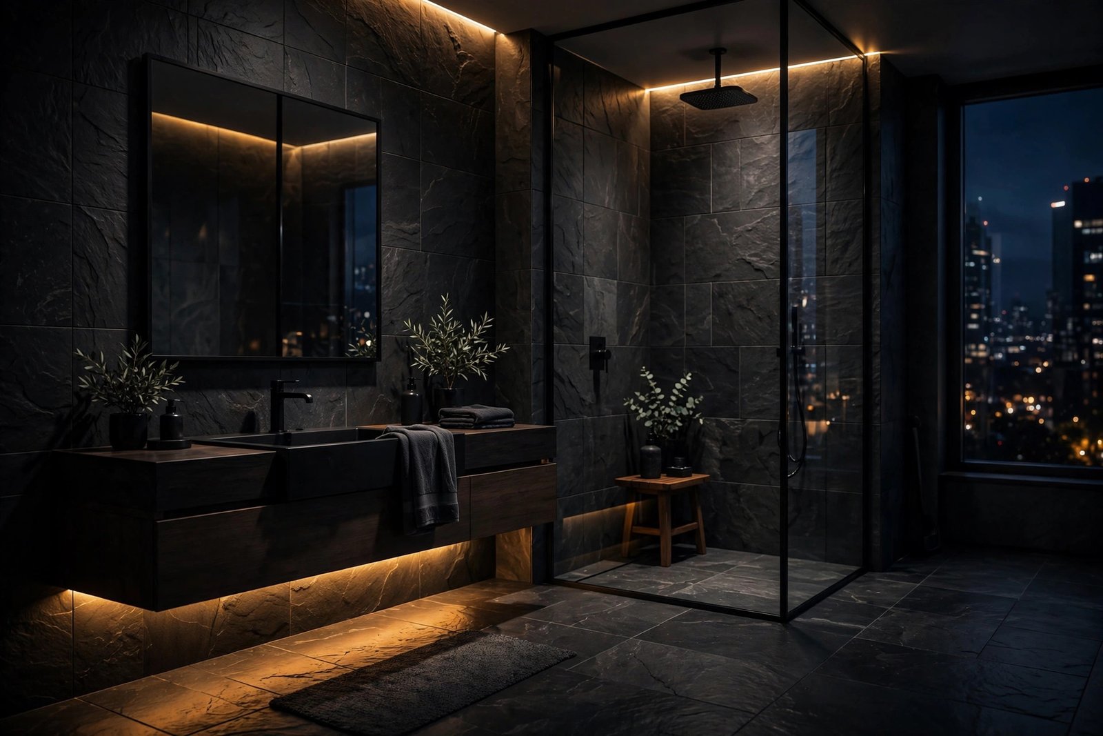 Moody photorealistic 3D render of a modern bathroom with dramatic accent lighting and dark stone tiles
