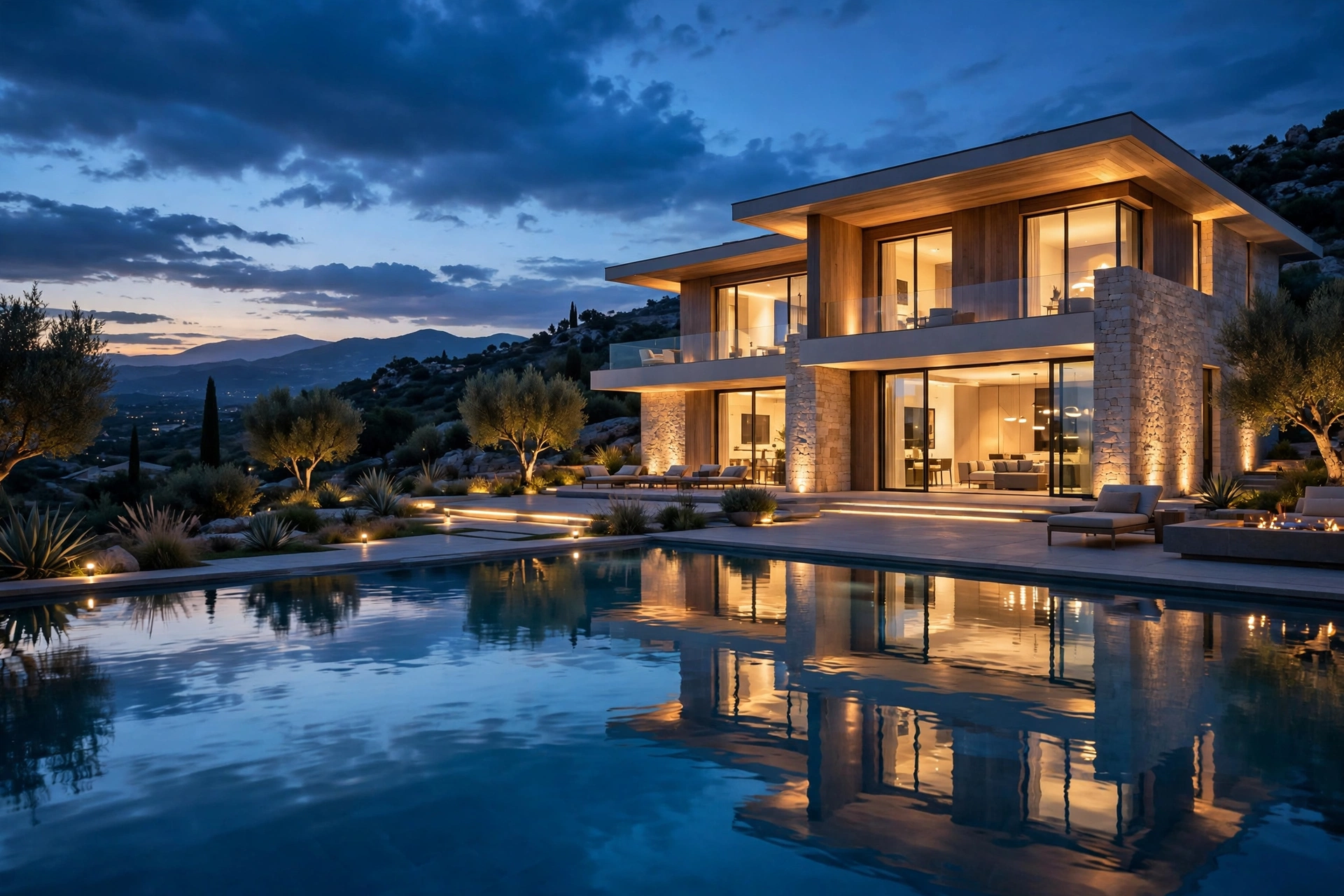Luxury villa exterior visualization at twilight with illuminated windows and swimming pool