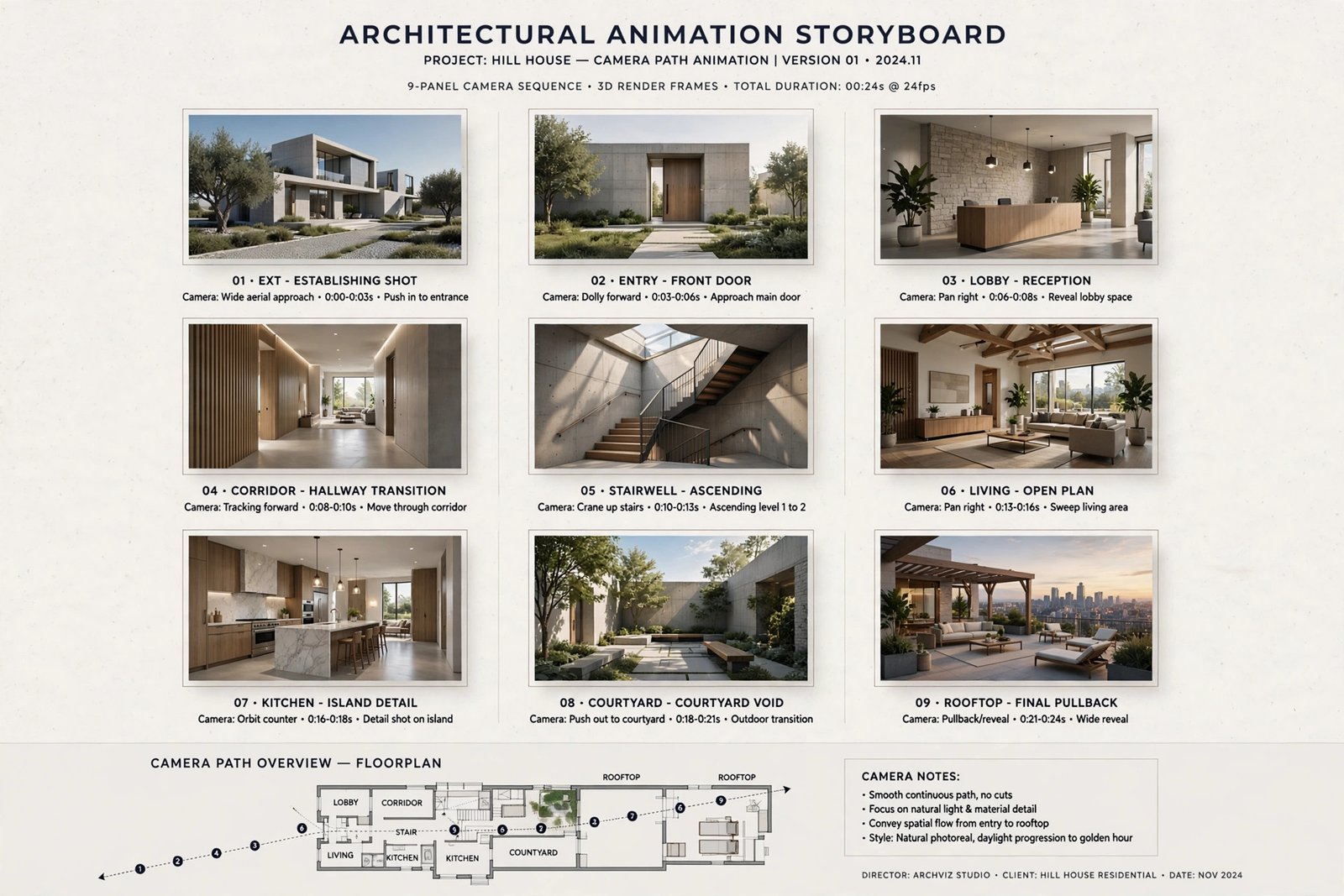 Storyboard frames for an architectural animation showing planned camera movements through a modern residential complex