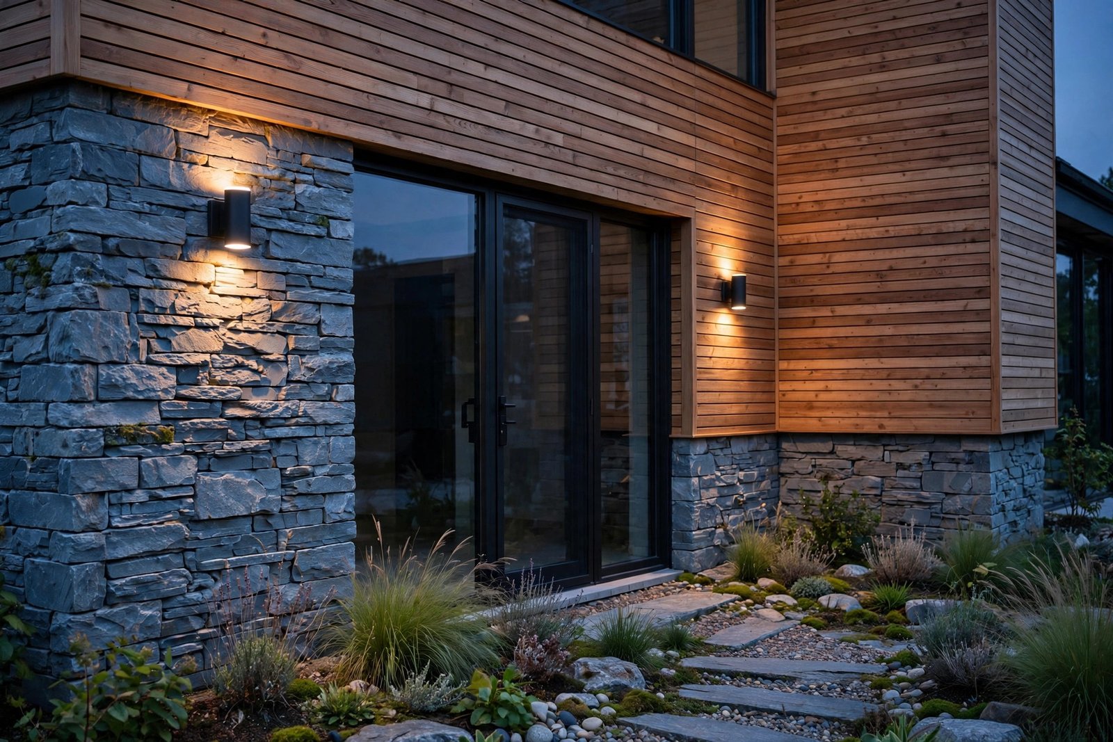 Close-up architectural render of a modern house facade at twilight