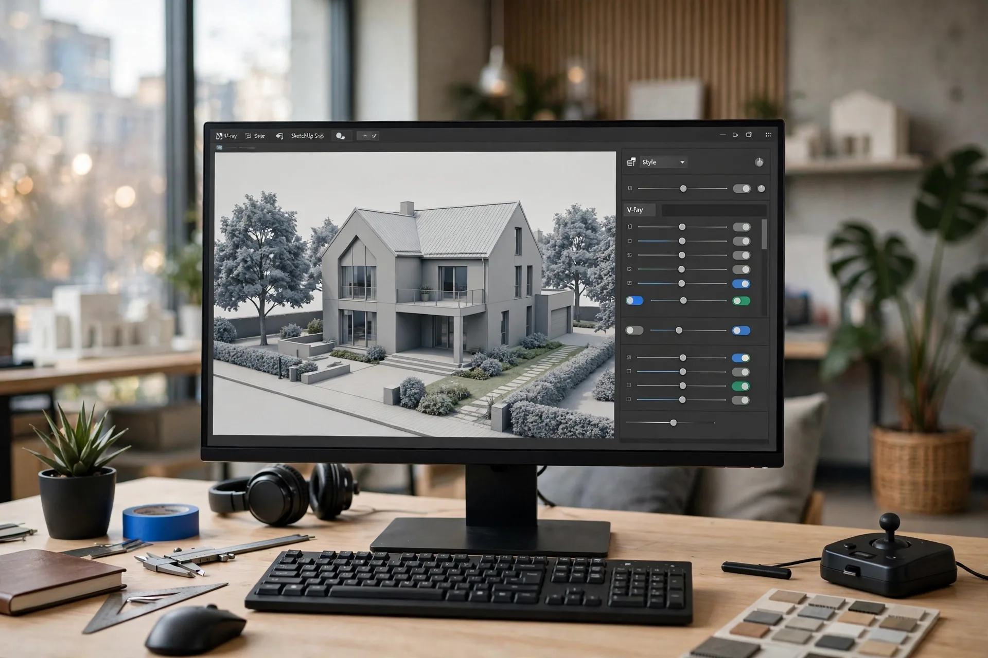 3D artist workstation showing a SketchUp architectural model and V-Ray render settings on screen