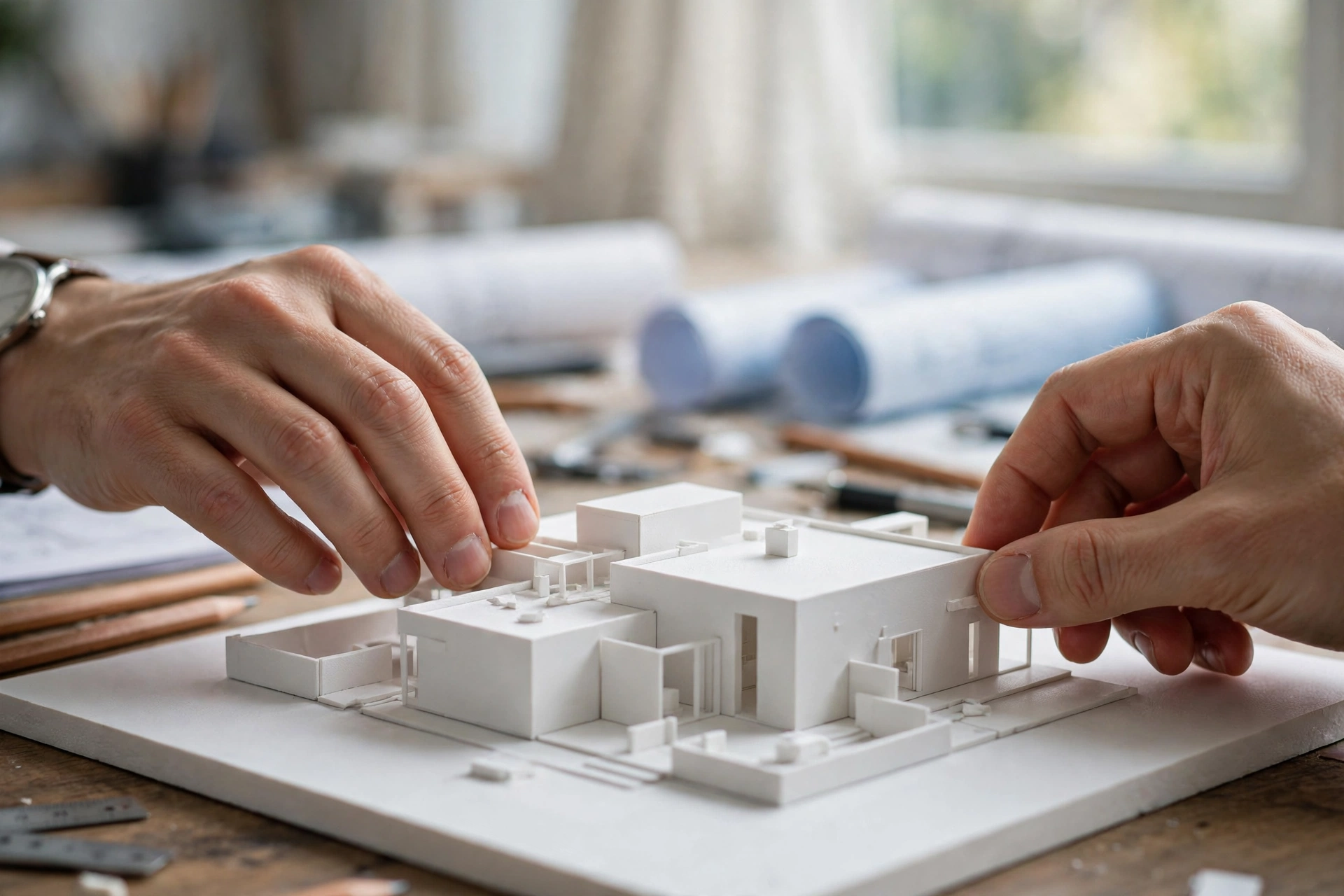 Hands adjusting a white architectural scale model of a modern house on a studio desk