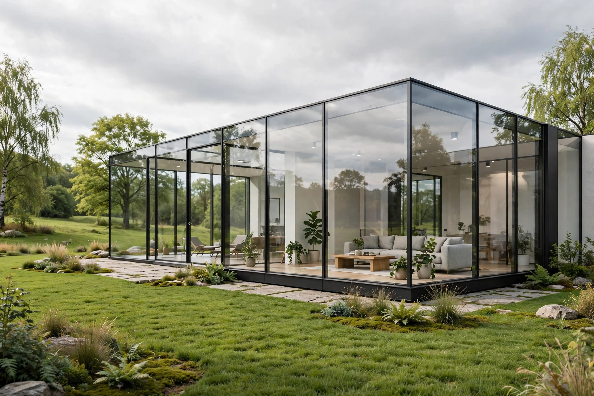 Contemporary glass house render on bright overcast day with soft cloudy sky and green lawn