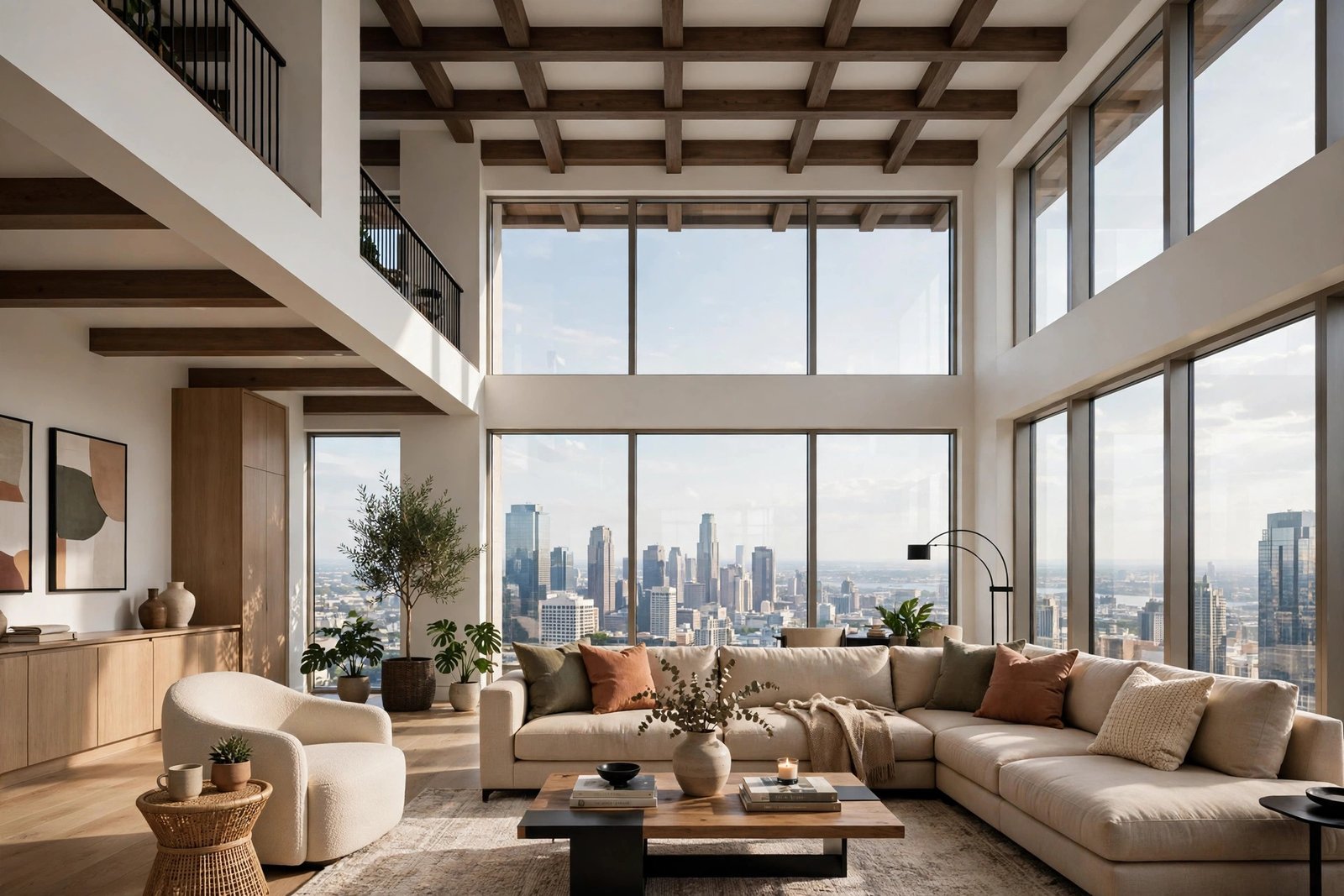Elegant 3D interior render of a penthouse living room with panoramic city views styled for luxury real estate marketing