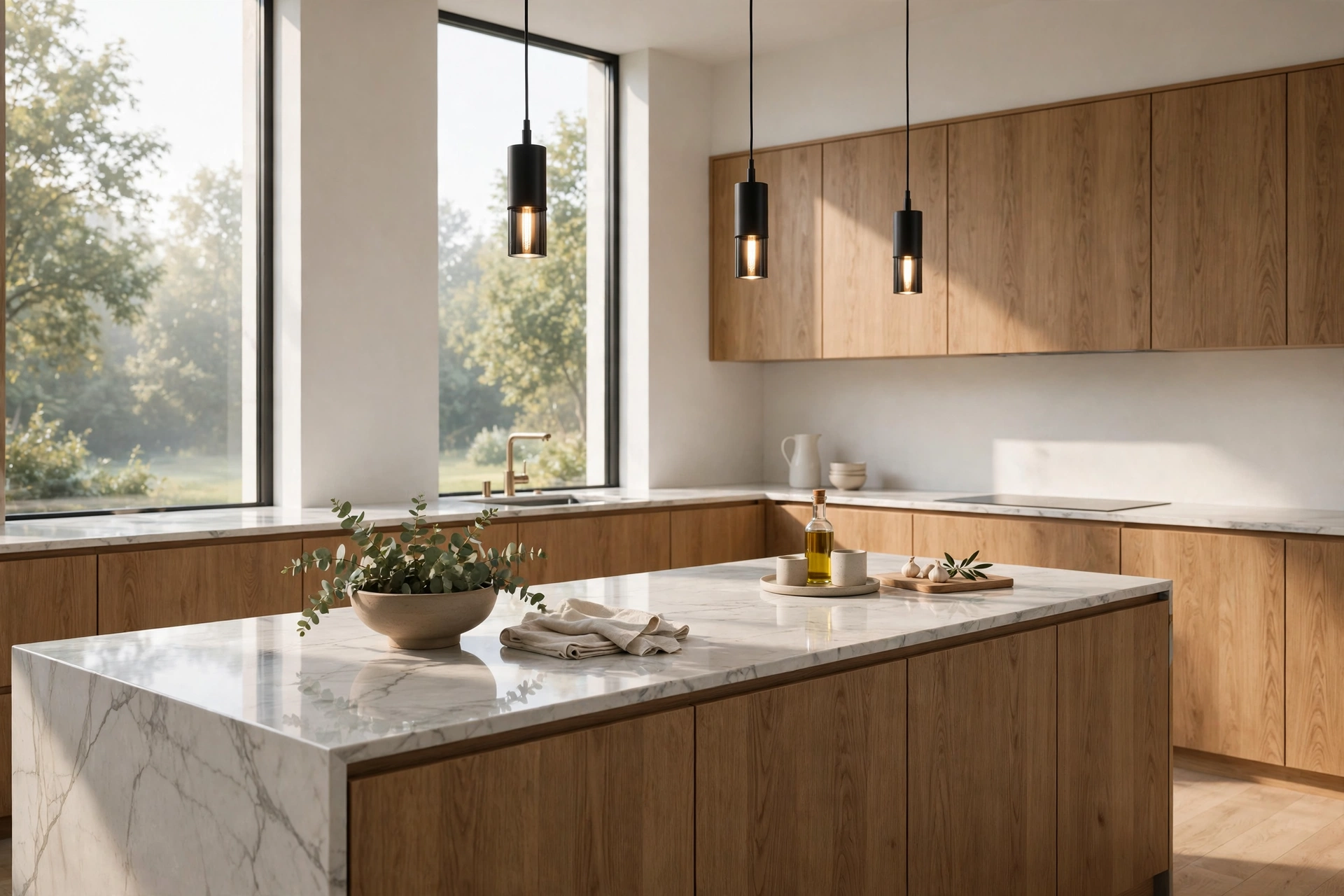 Photorealistic minimalist kitchen render with marble countertop and morning daylight
