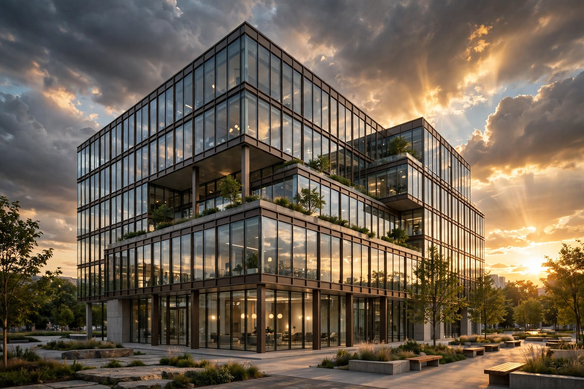 Photorealistic 3D render of a contemporary glass office building at golden hour