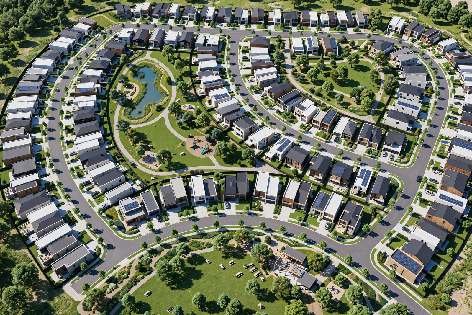 Aerial 3D rendering of a modern residential neighborhood at golden hour showing streets, houses, and green spaces