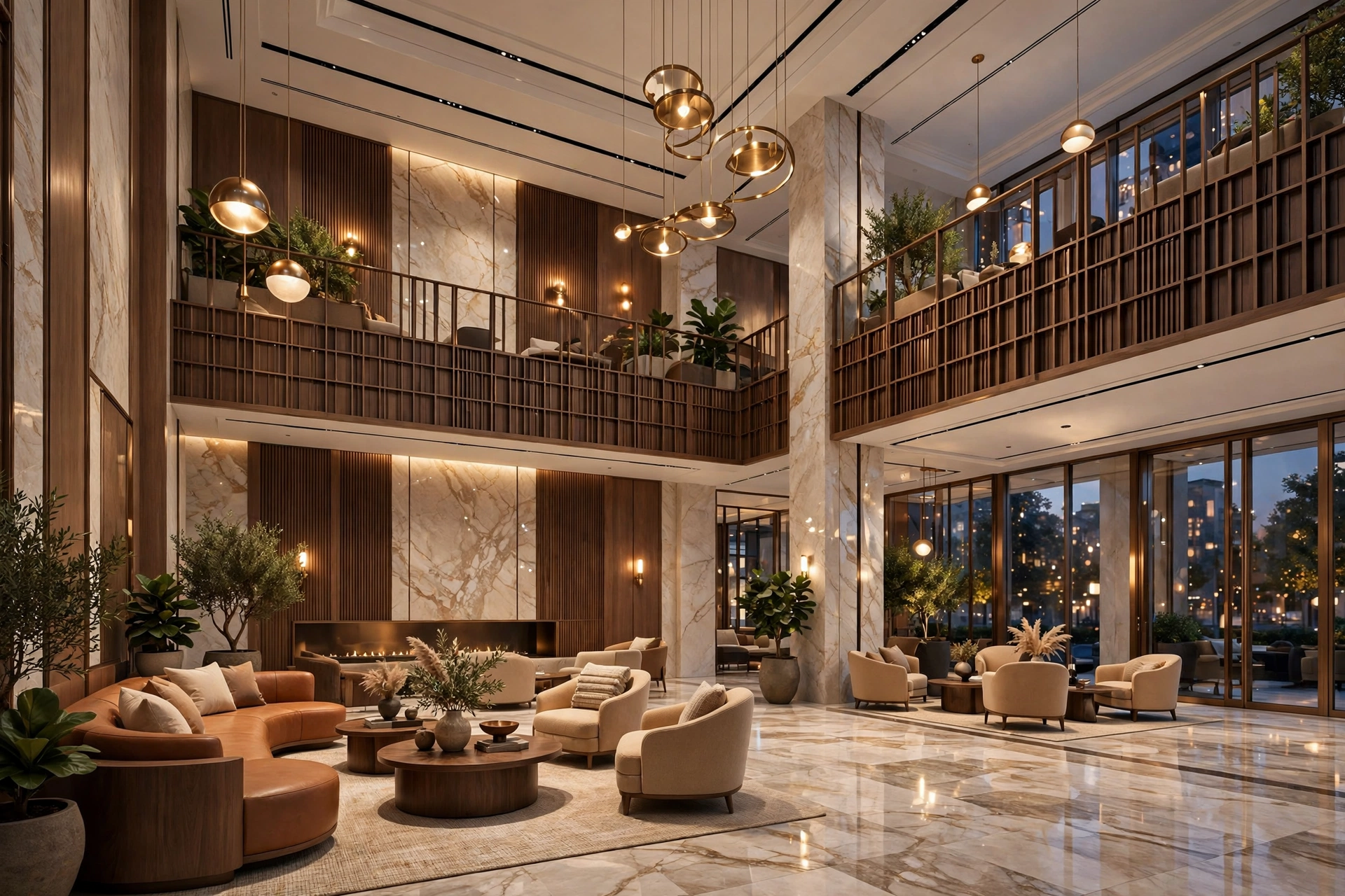 Photorealistic 3D render of an elegant hotel lobby interior with double-height space, warm lighting, and marble and wood finishes