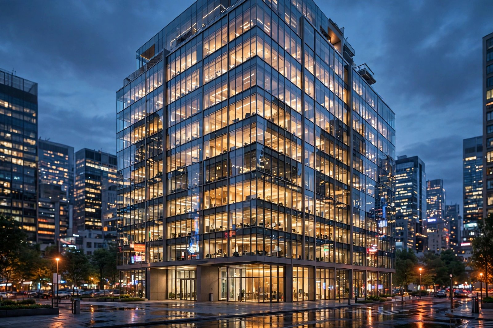Modern office building exterior 3D render at blue hour with illuminated glass facade and landscaped plaza
