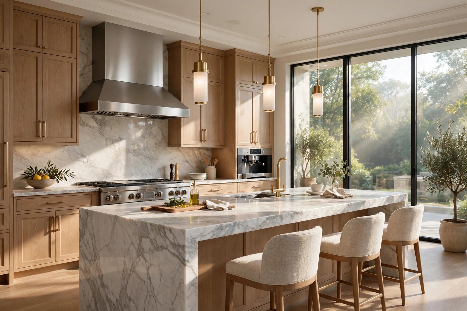 Photorealistic interior 3D render of a luxury kitchen with marble island, pendant lighting, and detailed material reflections