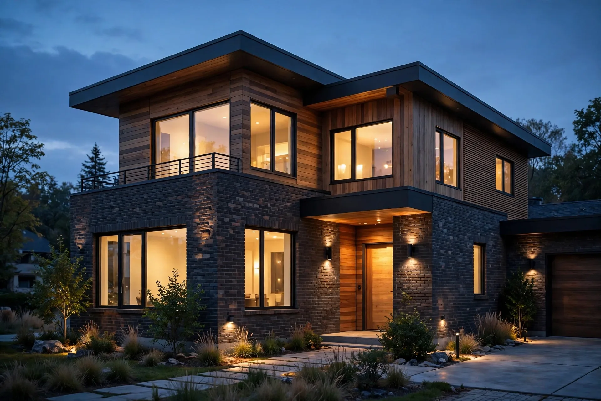 Photorealistic modern house exterior at dusk with glowing windows, rendered with V-Ray quality lighting