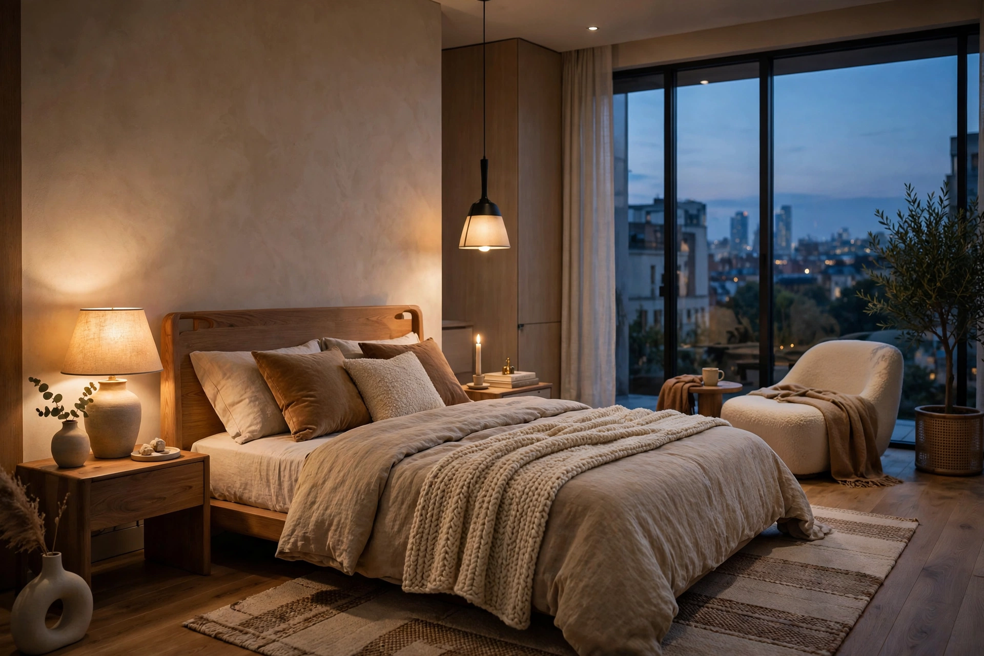 Elegant bedroom interior visualization at dusk with warm artificial lighting