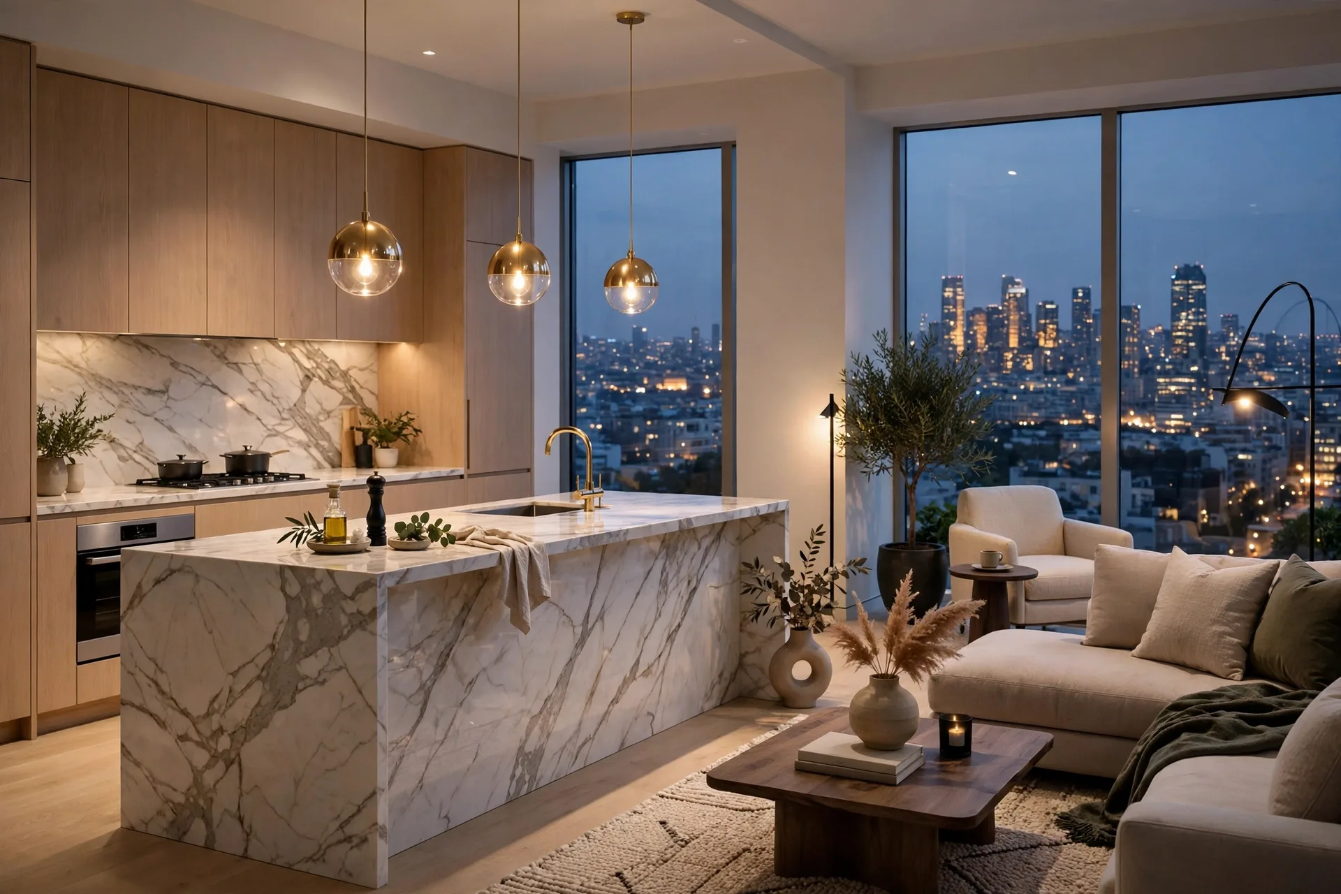 Luxury apartment interior rendering with marble kitchen, pendant lights, and evening city view