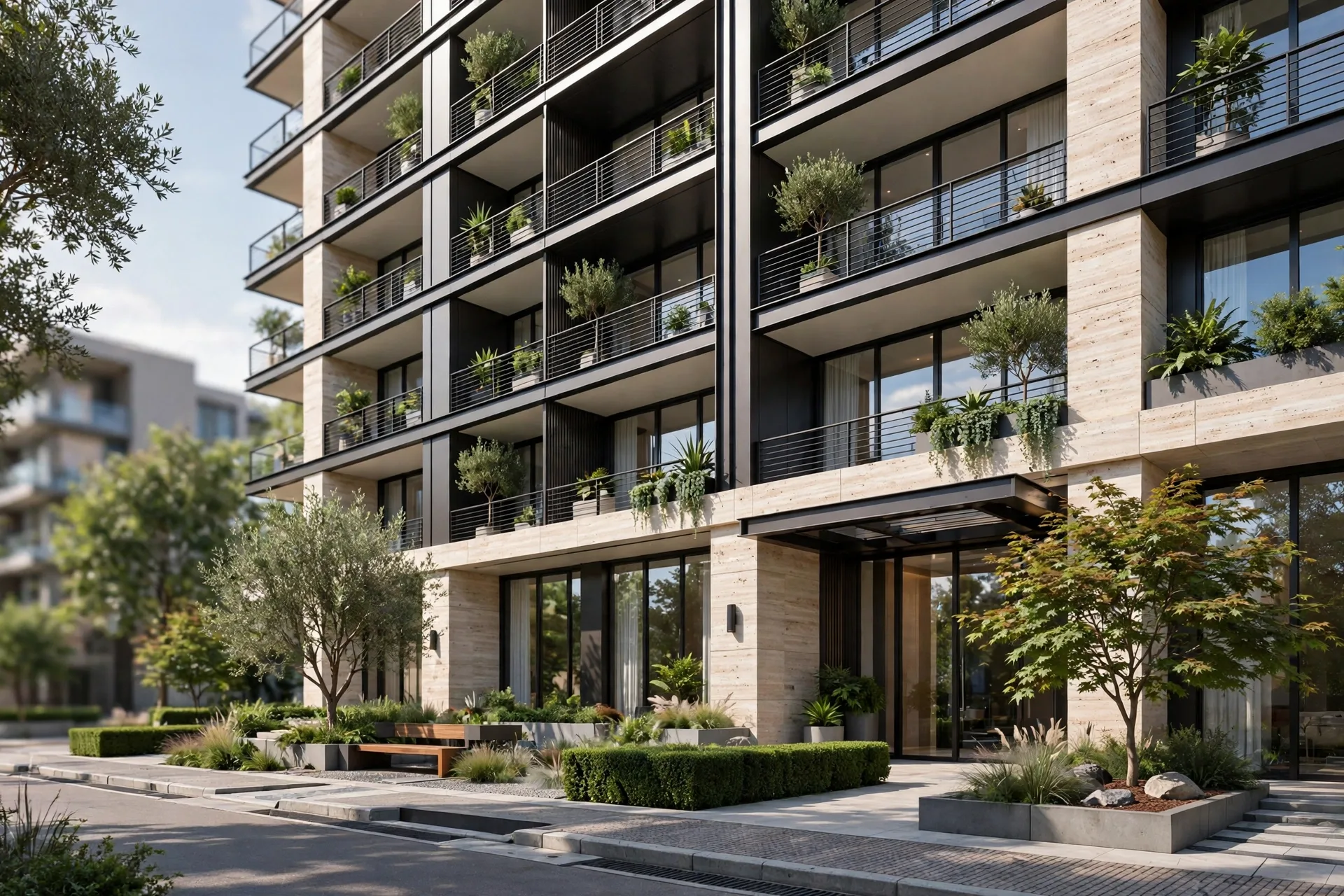 Luxury apartment building exterior render viewed from street level with crisp modern facade detail