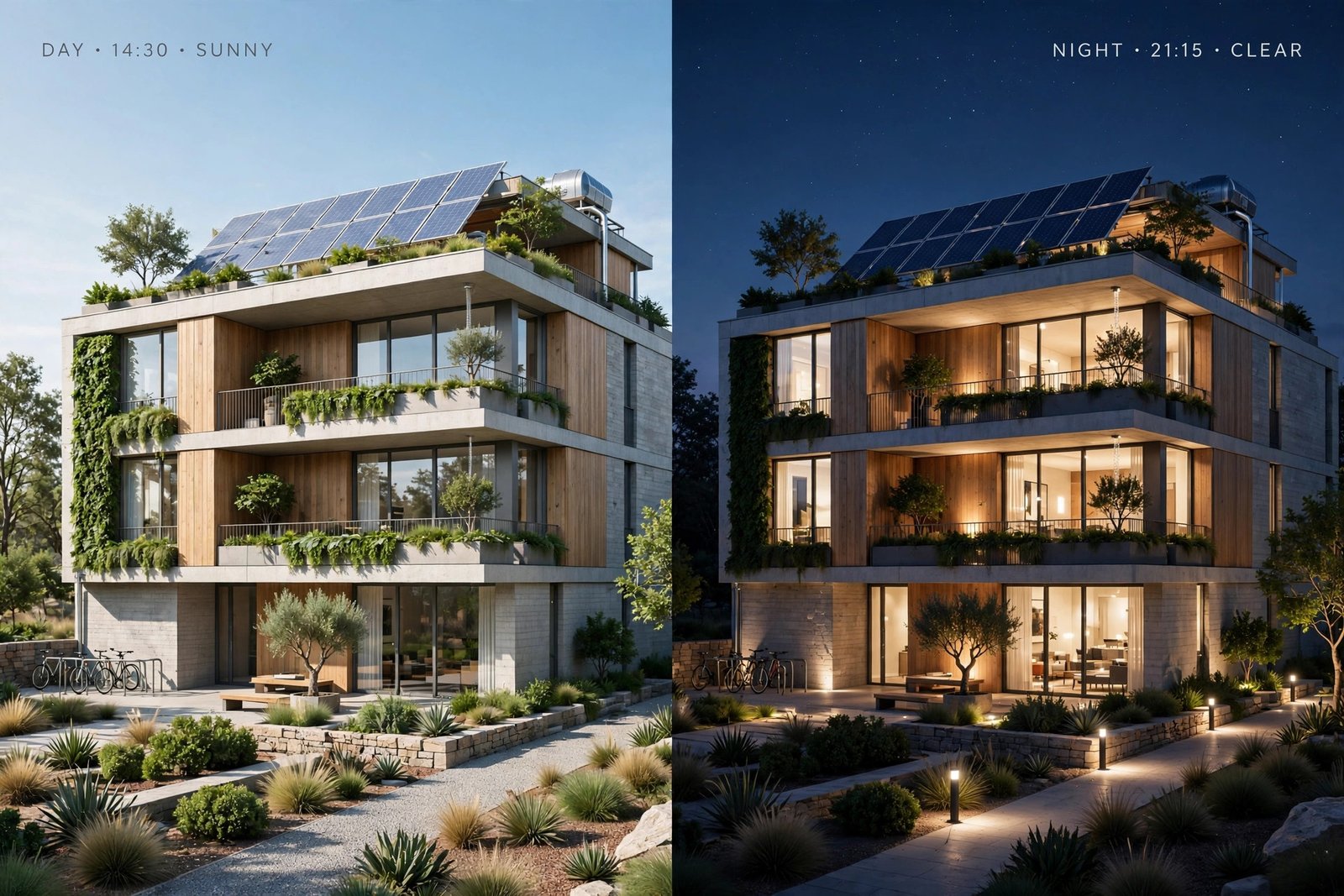 Split view 3D visualization showing a building in summer and winter conditions demonstrating sustainable design features
