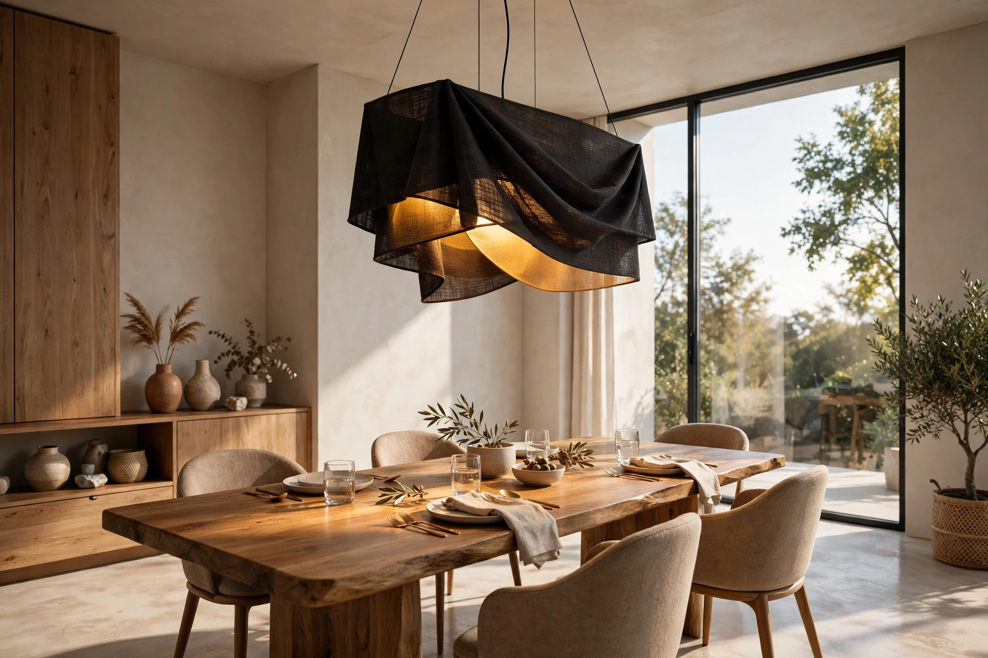Photorealistic dining room render with pendant light over a wooden table and balanced daylight