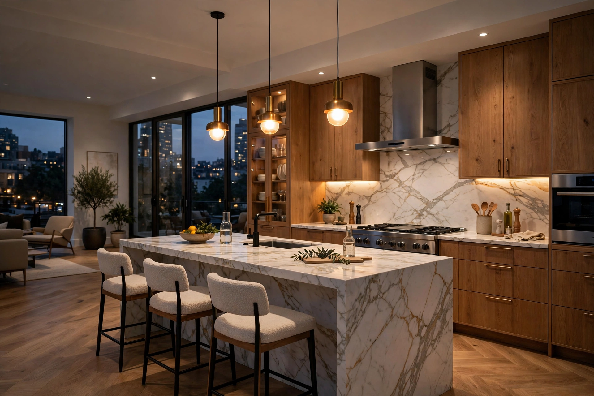Modern kitchen interior rendering with marble surfaces, warm pendant lighting, and wooden cabinets