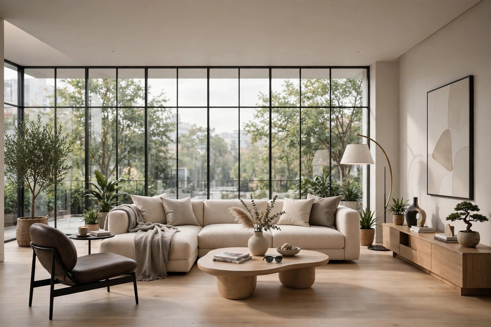 Interior 3D render of a modern living room with floor-to-ceiling windows, designer furniture, and soft natural daylight