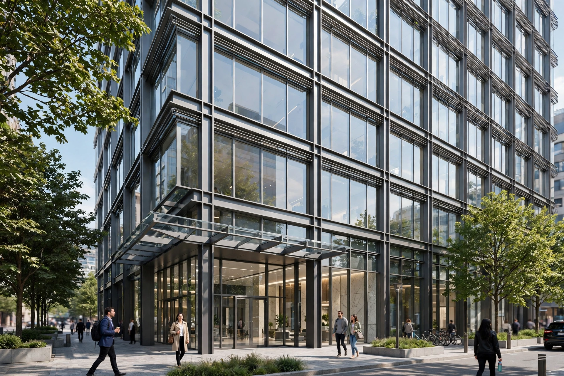 3D architectural render of a commercial office building facade with street level view