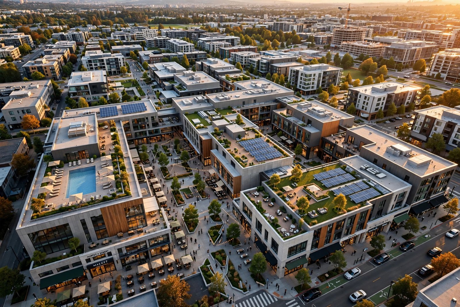 Aerial drone-style frame from an architectural flythrough animation showing a modern mixed-use development at golden hour