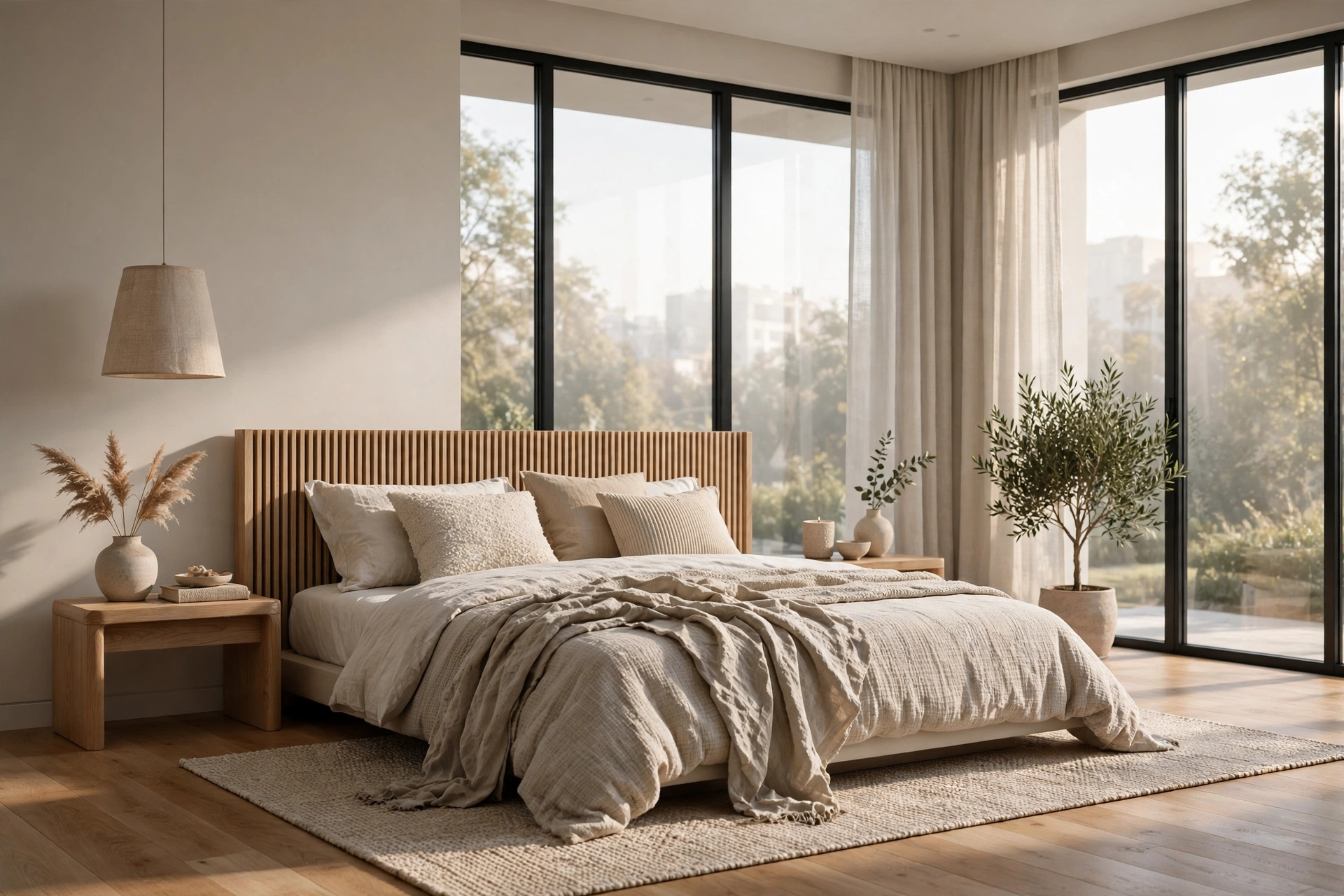 Modern bedroom interior rendering with soft morning light, neutral tones, and textured bedding