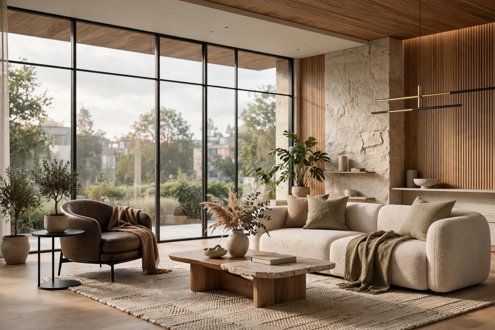 Bright modern living room interior rendering with tall windows, natural daylight, and soft furnishings