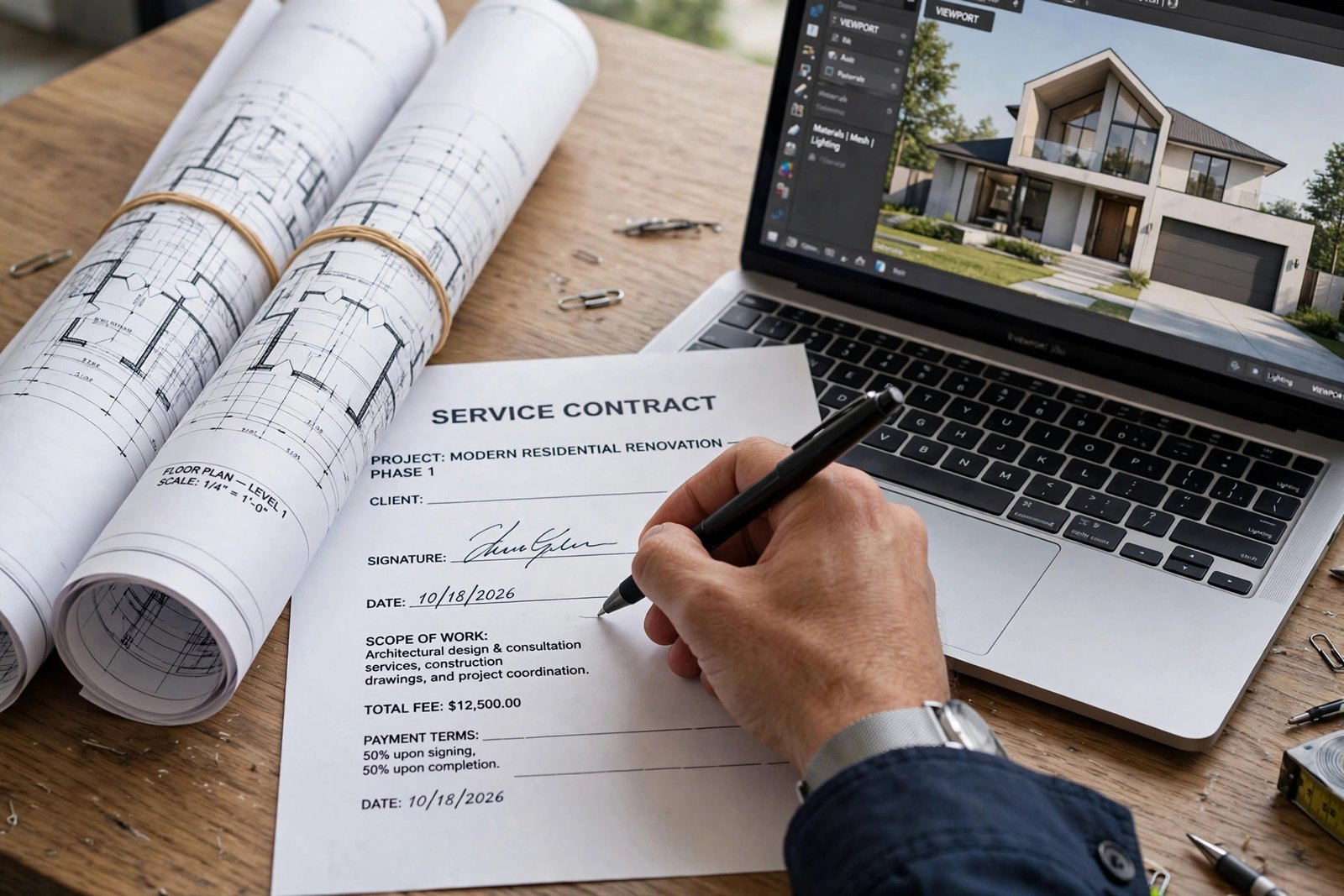 Close-up of hands signing a contract next to architectural blueprints and a laptop showing a 3D building render