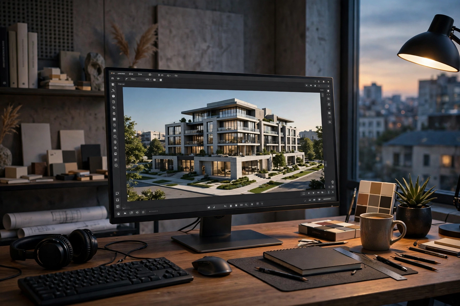 Visualization artist reviewing a 3D building model on a large studio screen