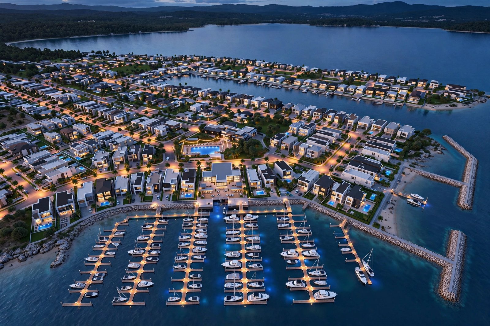 Aerial 3D rendering of a waterfront residential development with marina, used as hero marketing visual for off-plan sales