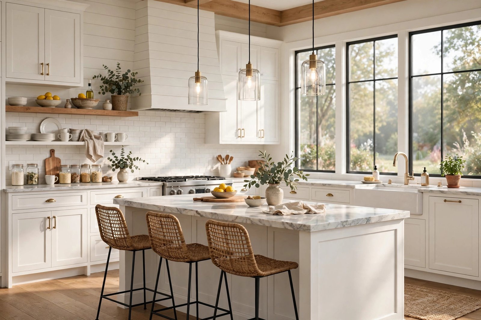 Photorealistic interior 3D render of a modern farmhouse kitchen