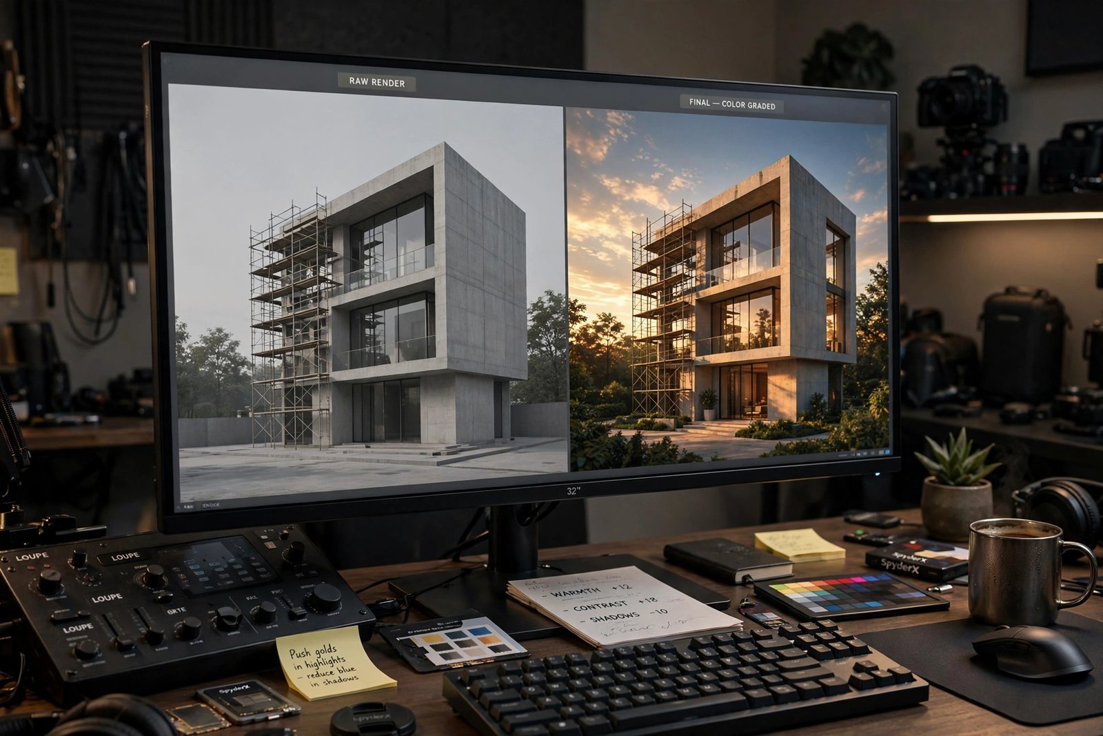 Professional color grading and post-production workspace showing before and after of an architectural 3D render