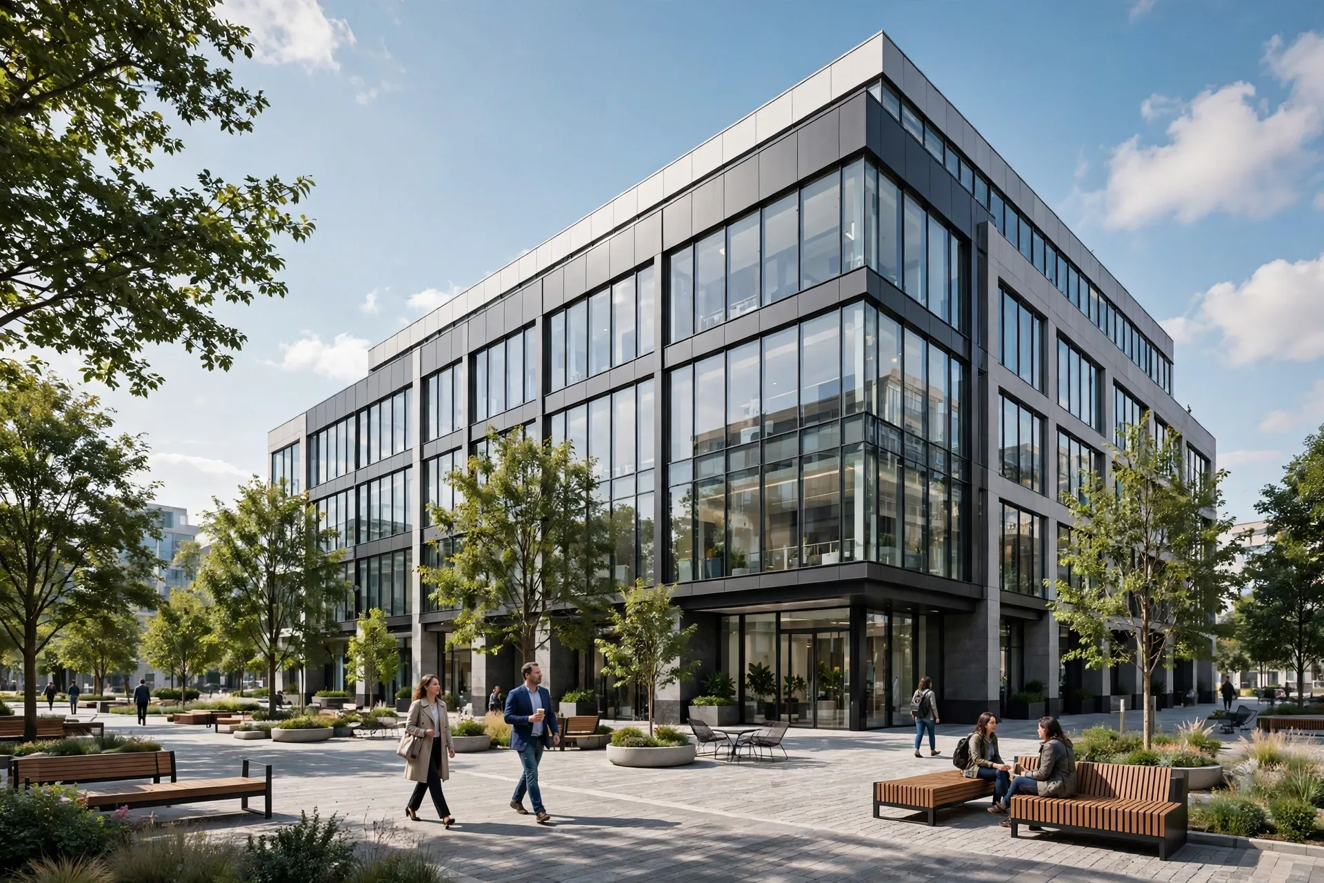 Modern commercial building exterior rendering in daylight with glass facade and plaza landscaping
