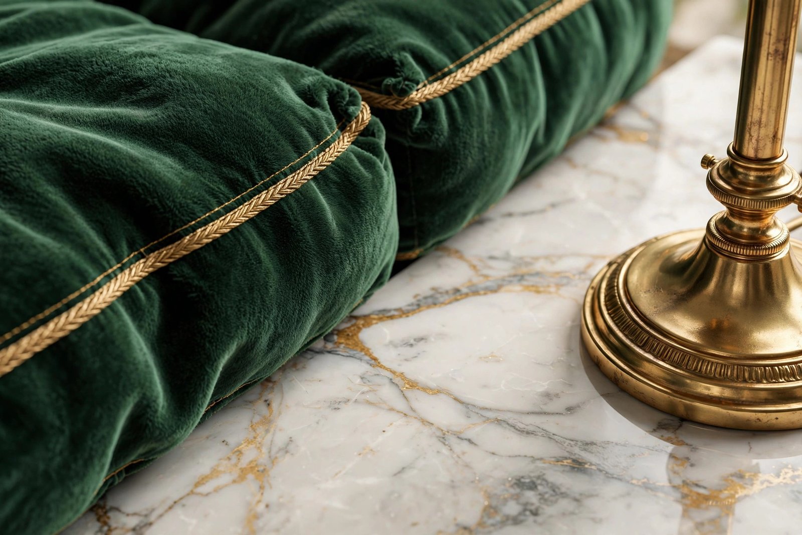 Detailed close-up 3D render showing realistic fabric, wood, and marble material textures in a luxury living room
