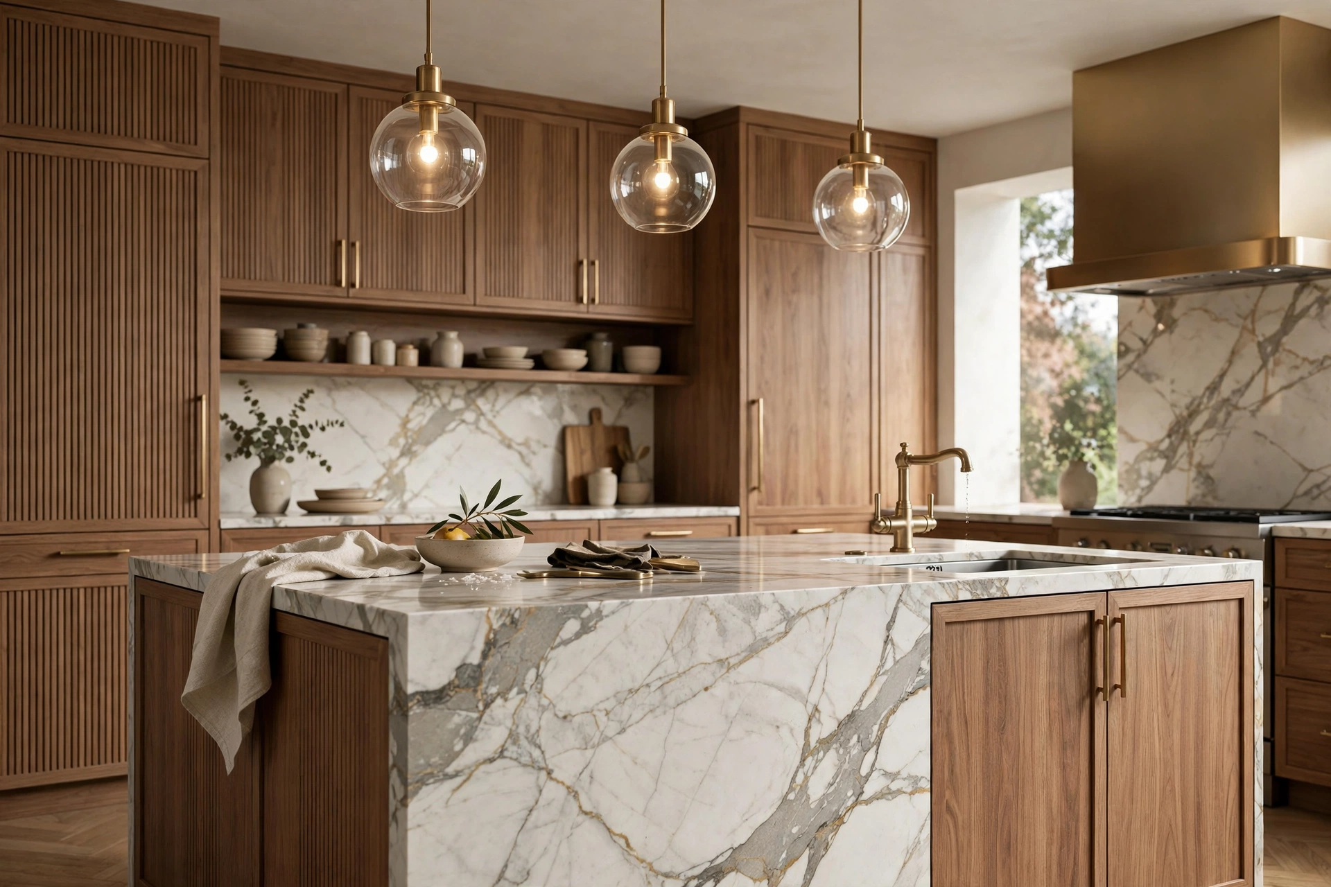 Detailed 3D kitchen interior render showing marble island, wooden cabinets and pendant lighting