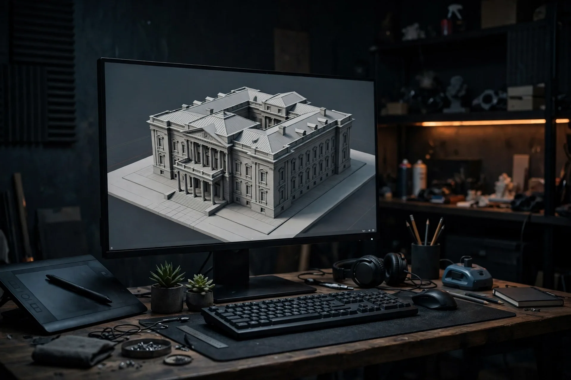 3D artist workstation with an architectural building model in a 3ds Max viewport