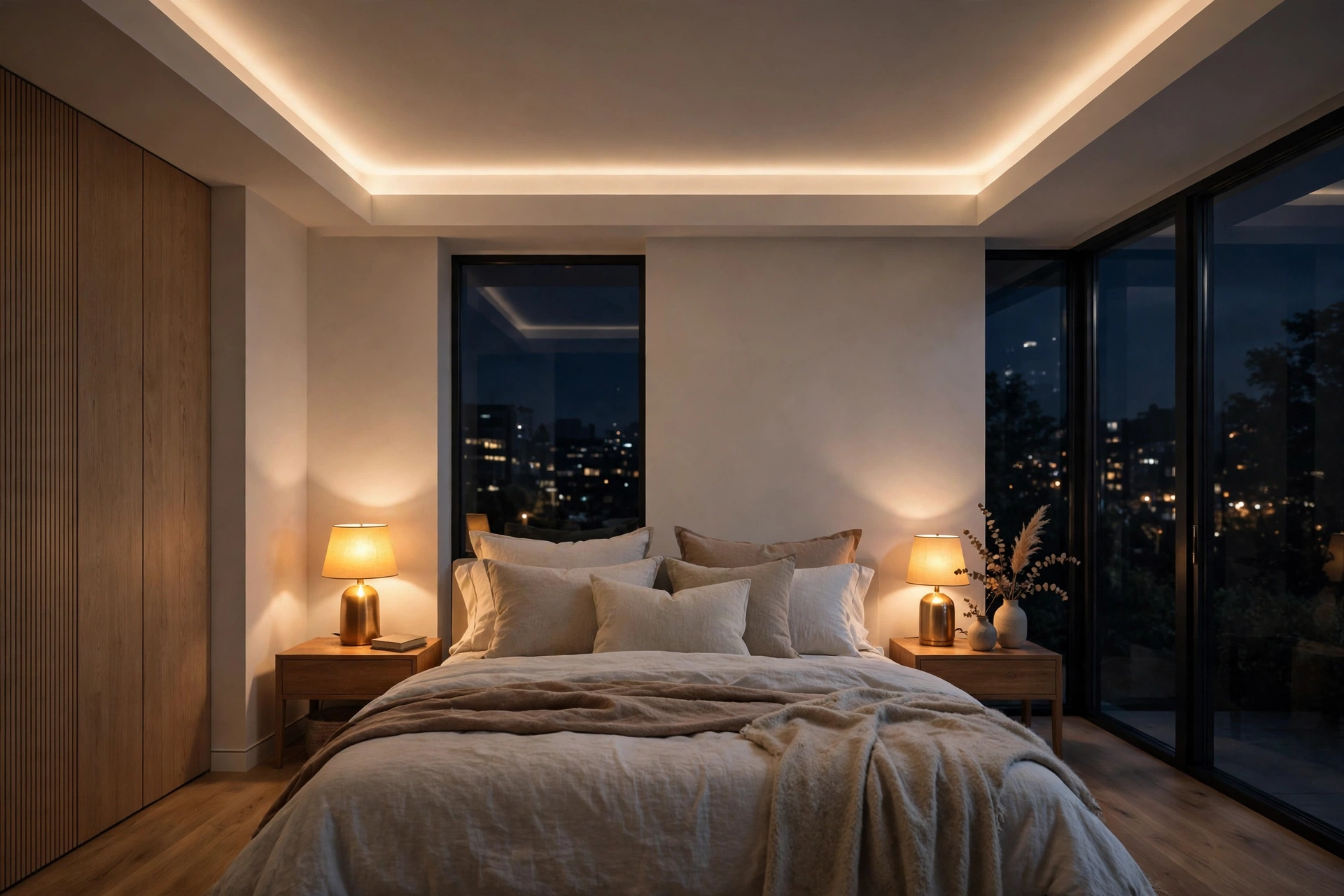 Photorealistic bedroom render at night with warm bedside lamps and soft cove lighting
