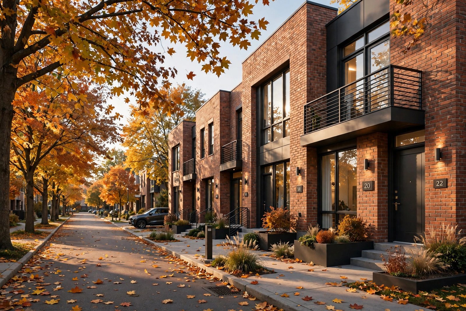 Eye-level 3D exterior render of a modern townhouse entrance with landscaped front garden and warm evening lighting