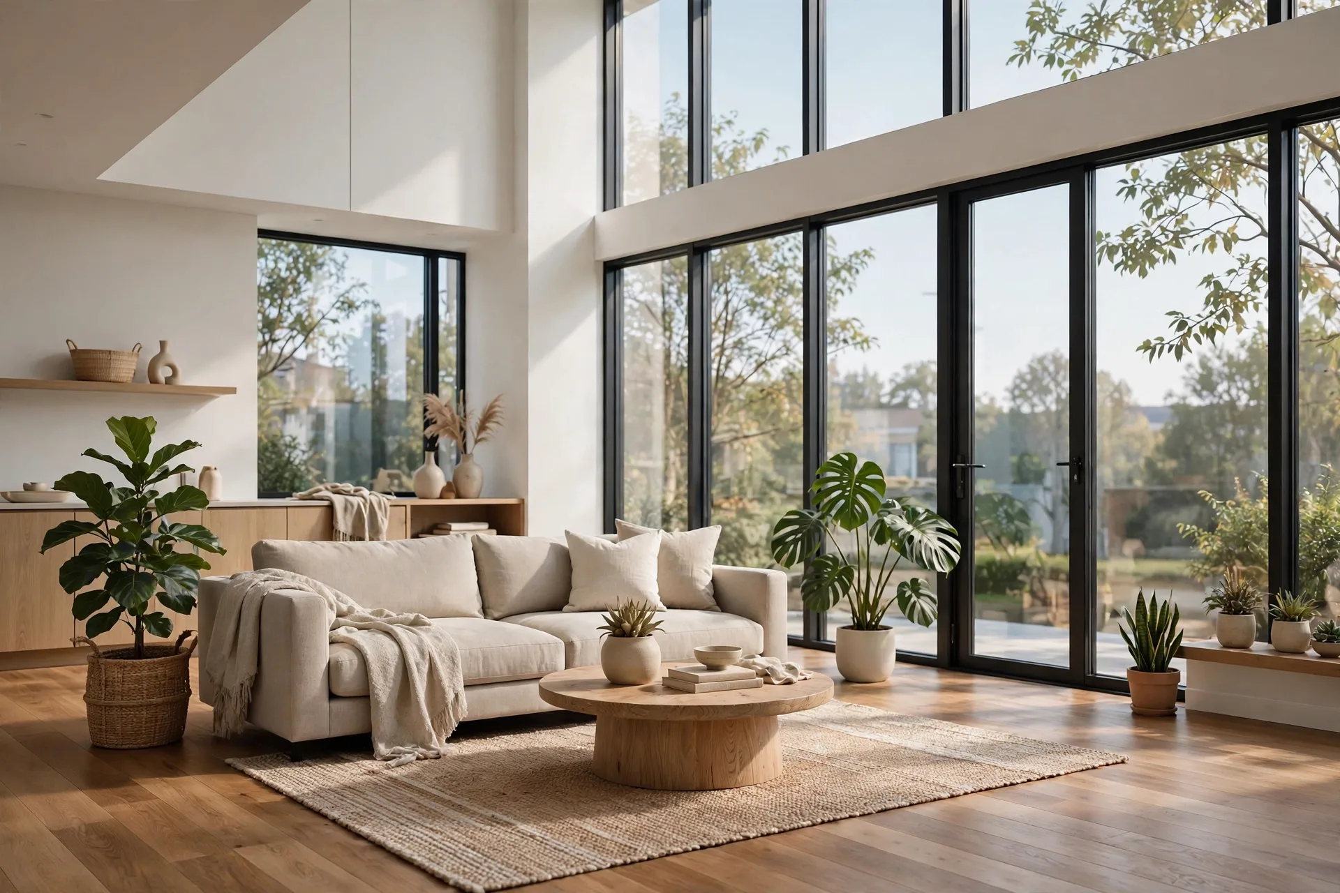 Bright modern living room interior rendering with tall windows, natural daylight, and soft furnishings