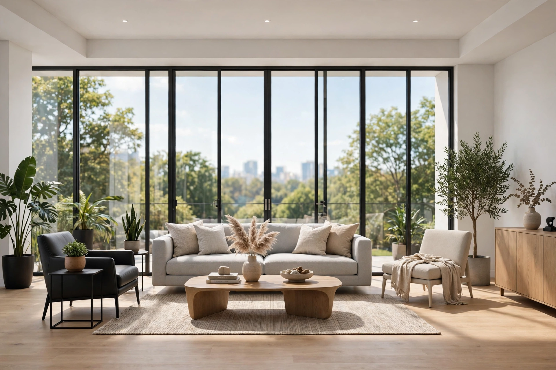 Bright modern living room interior 3D render with floor to ceiling windows and natural daylight