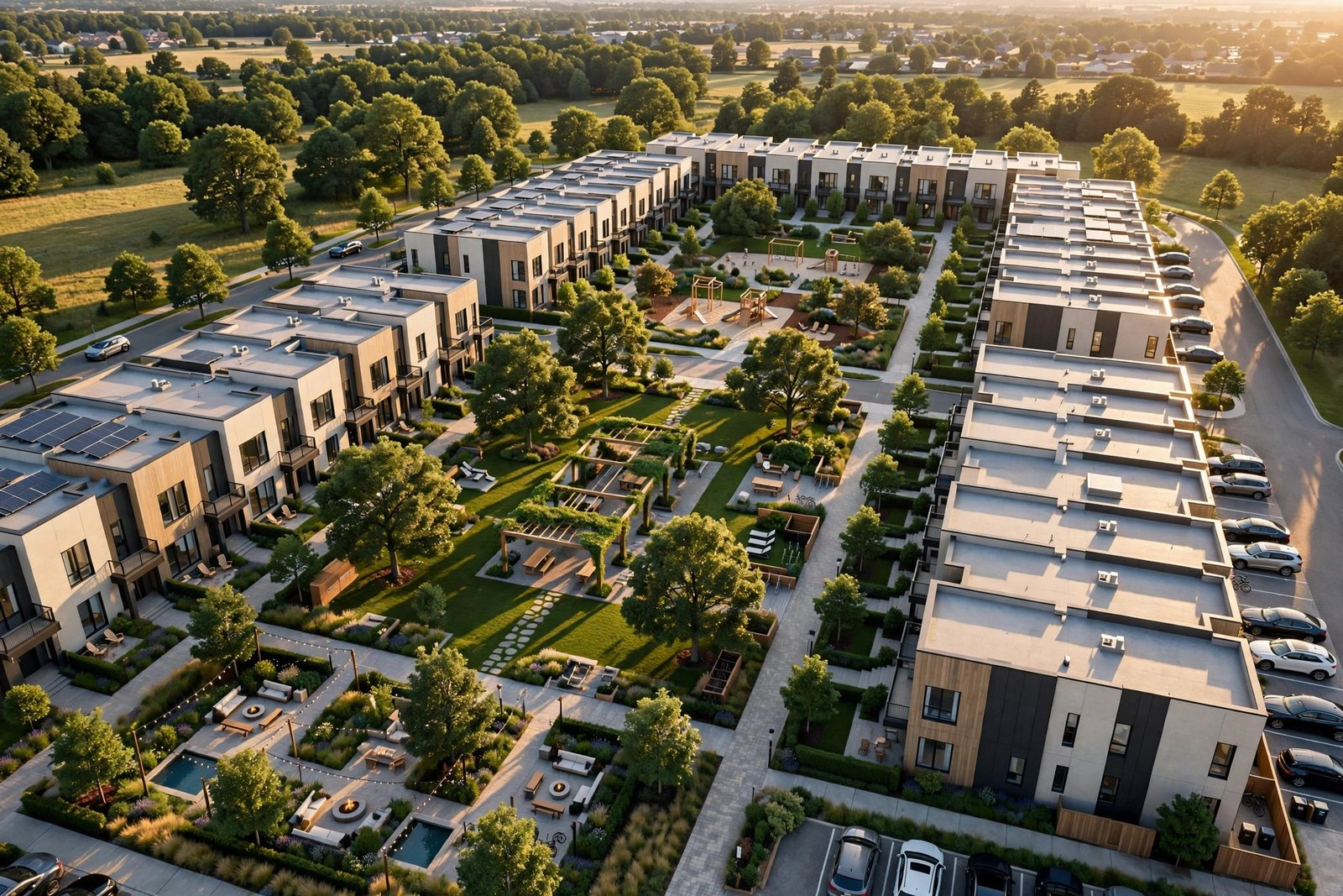 Aerial 3D rendering of a residential development showing multiple modern townhouses, landscaped streets, and surrounding green context